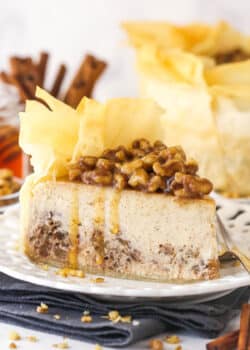 A slice of baklava cheesecake on a white plate