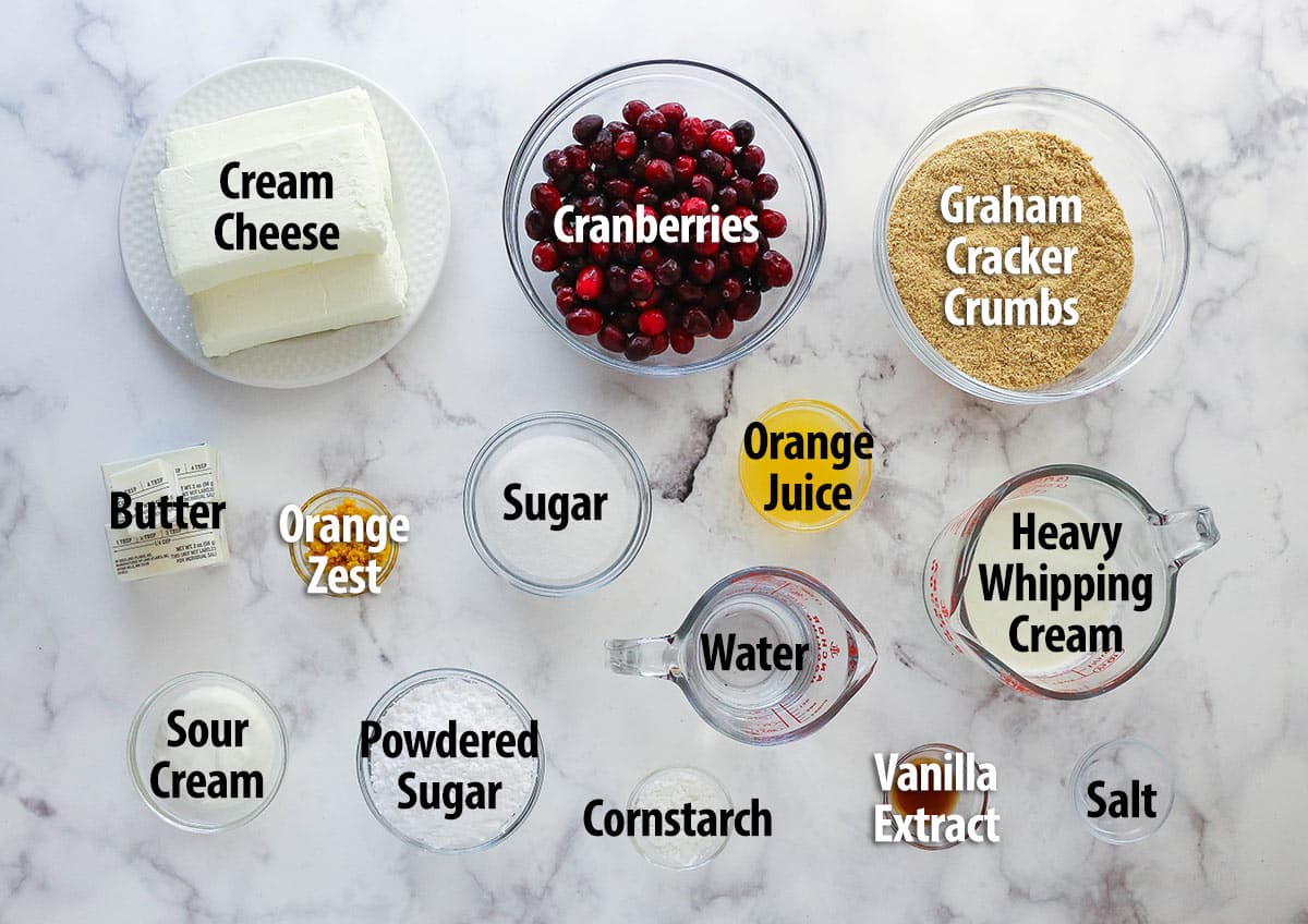 Overhead view of ingredients needed to make cranberry orange cheesecake