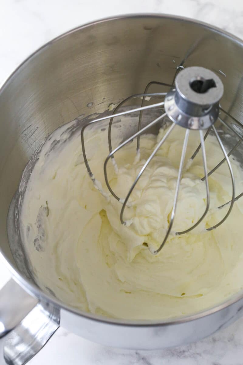 whipped cream with mascarpone in mixer bowl