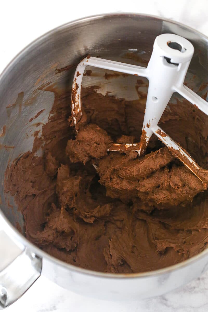 cream cheese, sugar and cocoa powder combined in mixing bowl