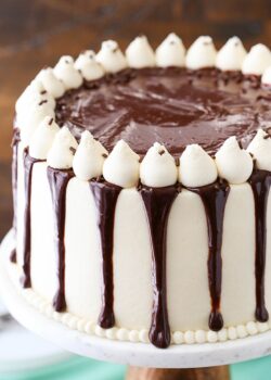 Overhead image of Baileys chocolate cake on a cake stand.
