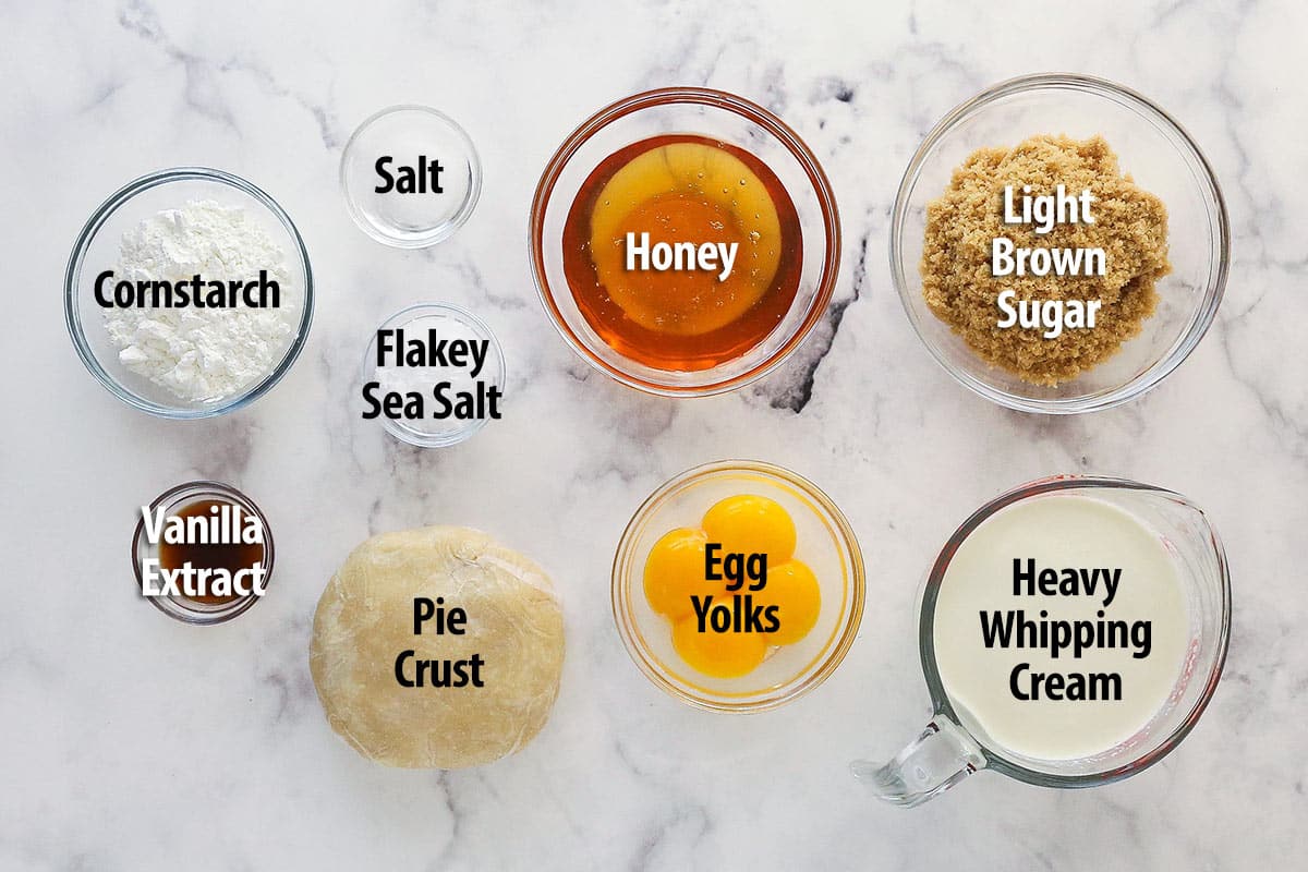 Overhead view of ingredients needed to make salted honey pie