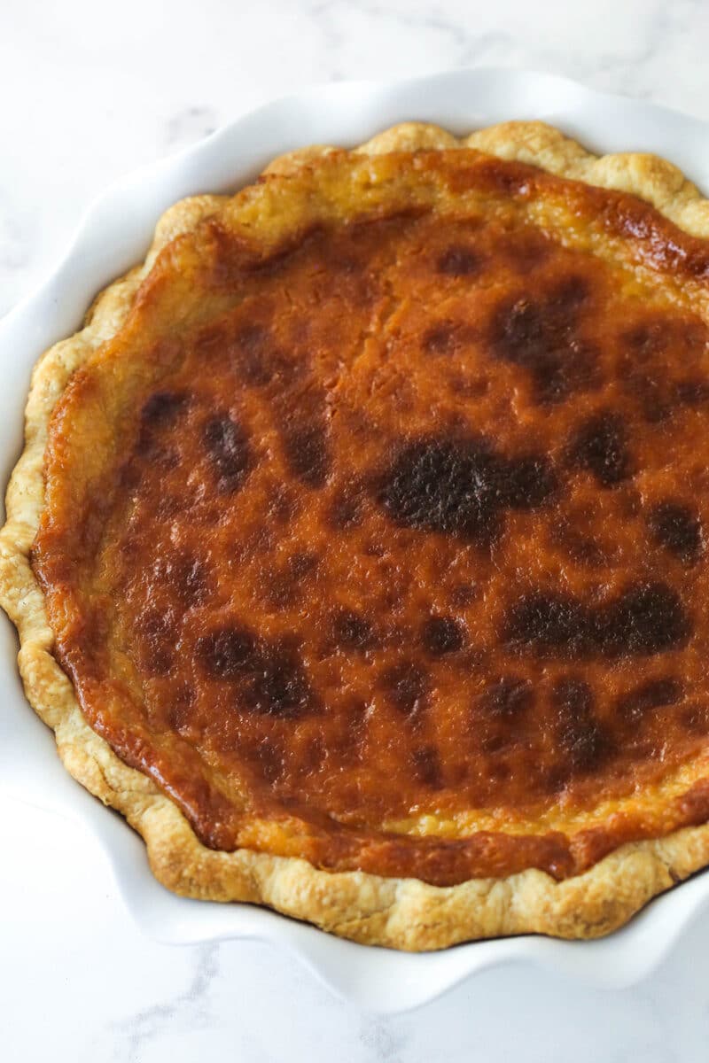 Overhead view of a baked honey pie