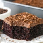 slice of chocolate sheet cake with a bite taken out