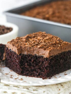 slice of chocolate sheet cake with a bite taken out