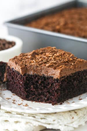 slice of chocolate sheet cake with a bite taken out