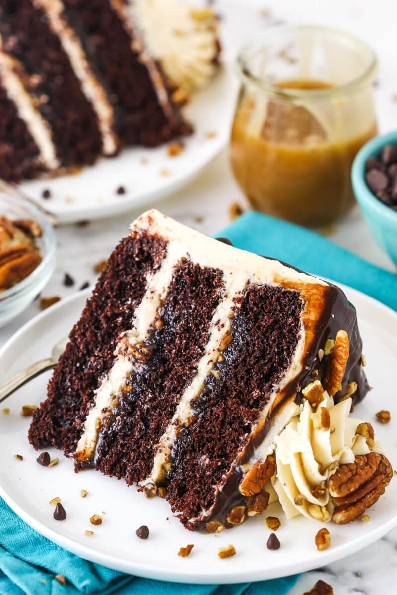 Turtle Chocolate Layer Cake with Caramel Frosting & Chocolate Ganache