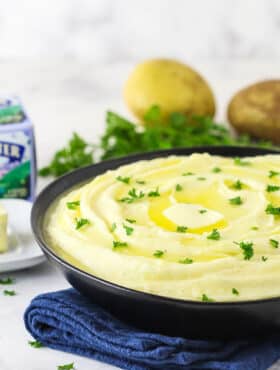 Landscape photo of creamy mashed potatoes.