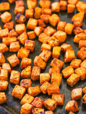 A Pan Full of Roasted Sweet Potatoes with Light Browning