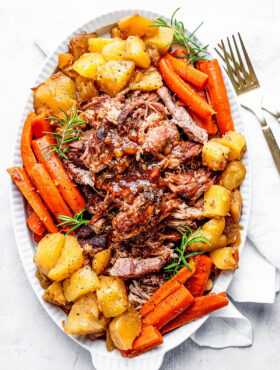 Overhead view of Instant pot pork roast with potatoes and carrots