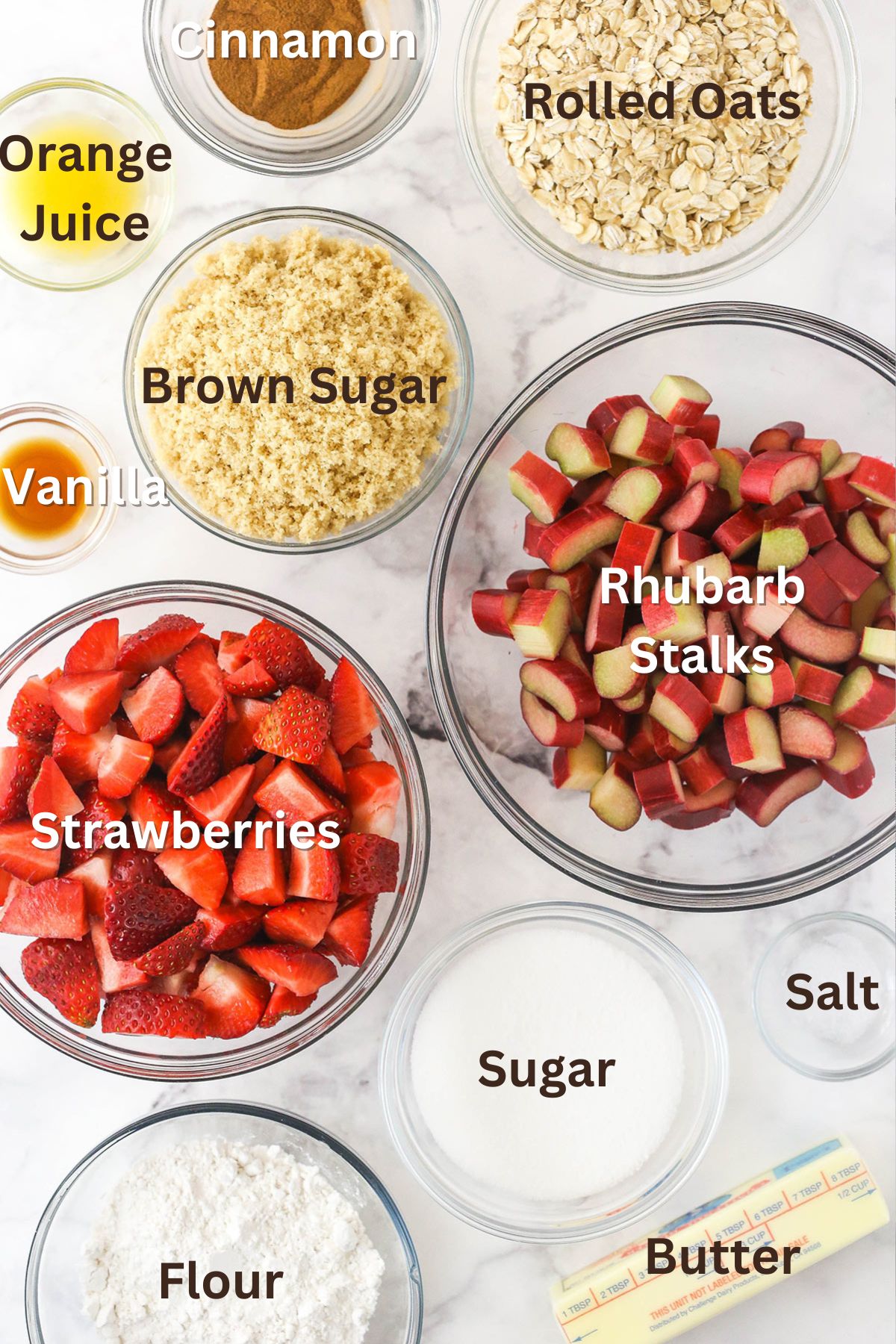 Ingredients for Strawberry Rhubarb Crisp.