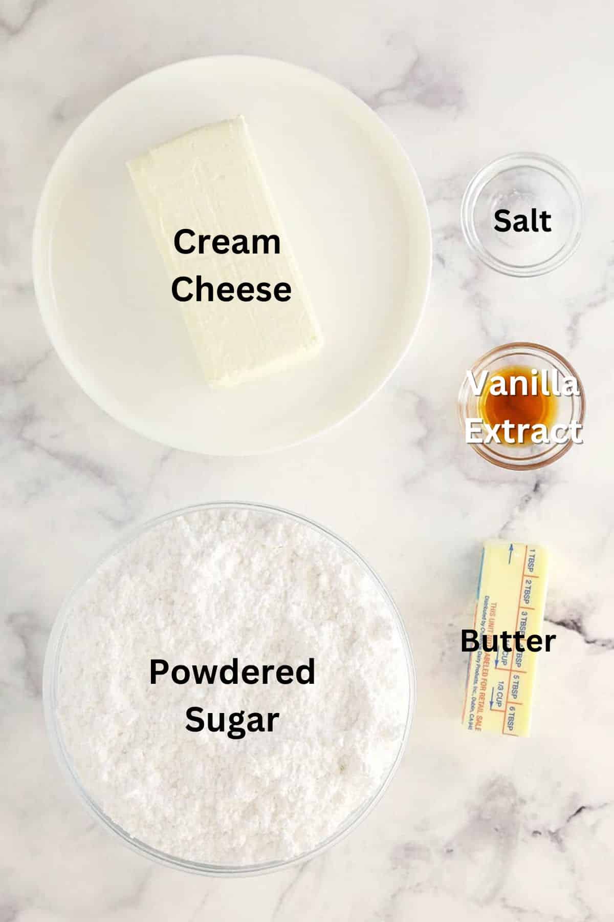 Ingredients for The Best Cream Cheese Frosting Recipe.