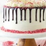 Chocolate peppermint layer cake on a cake stand.