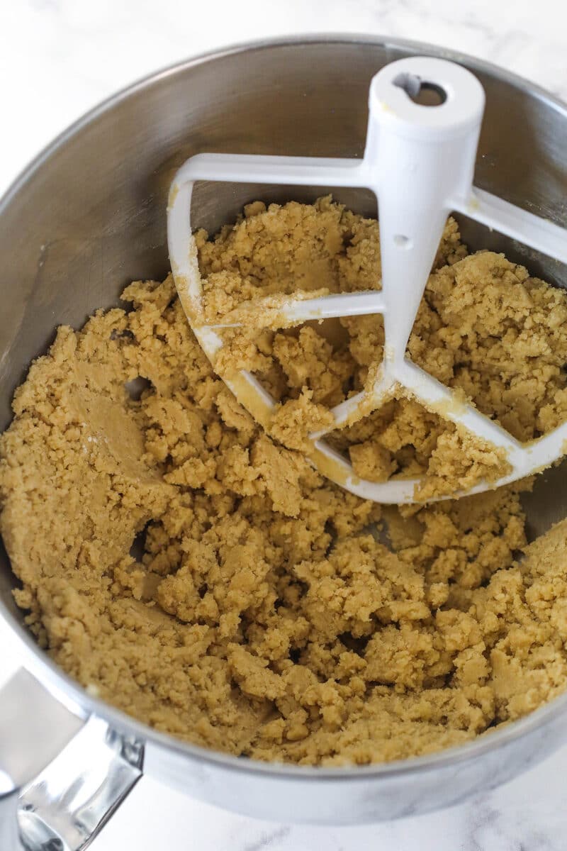 Mixing flour and salt into creamed butter and sugar with vanilla.