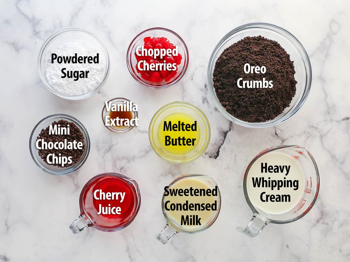 Ingredients for cherry chocolate ice cream pie.