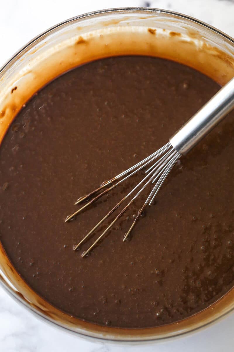 Mixing hot water into chocolate cake batter.