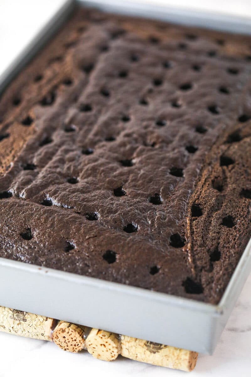 Chocolate cake in a baking pan with holes poked in it.