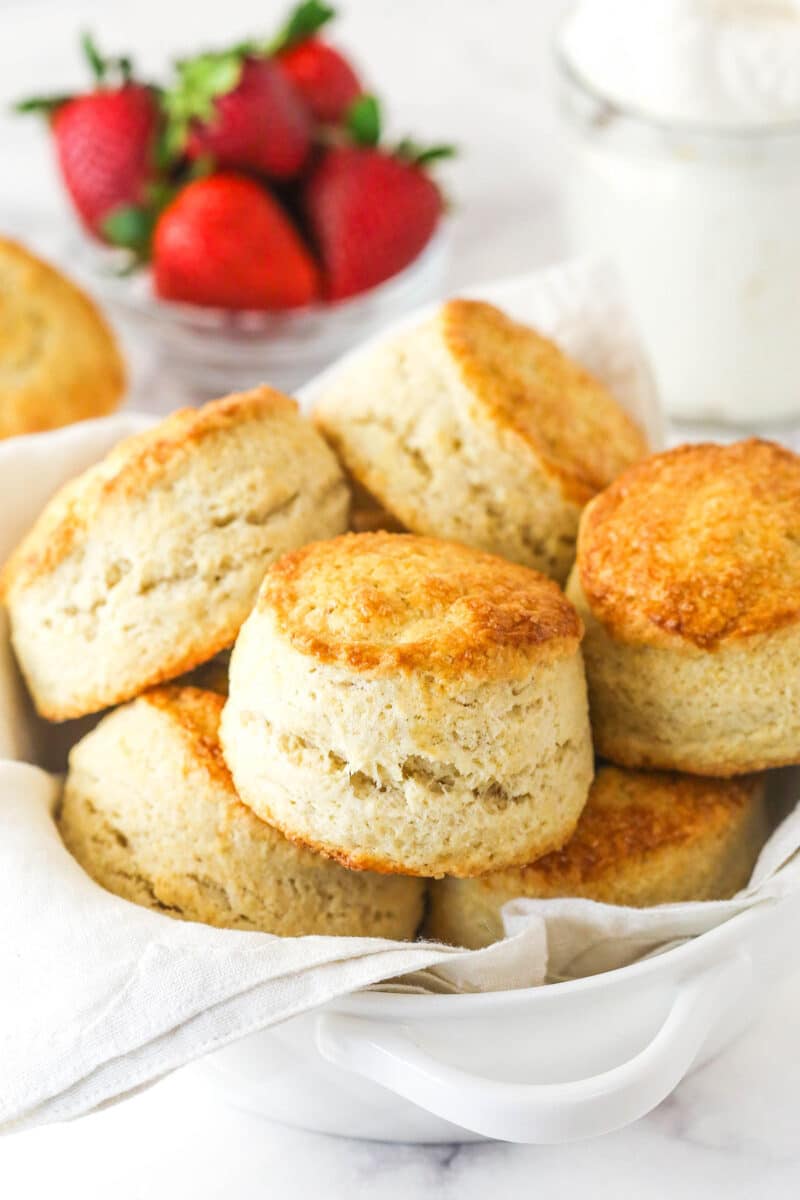 Shortcake biscuits in a serving bowl.