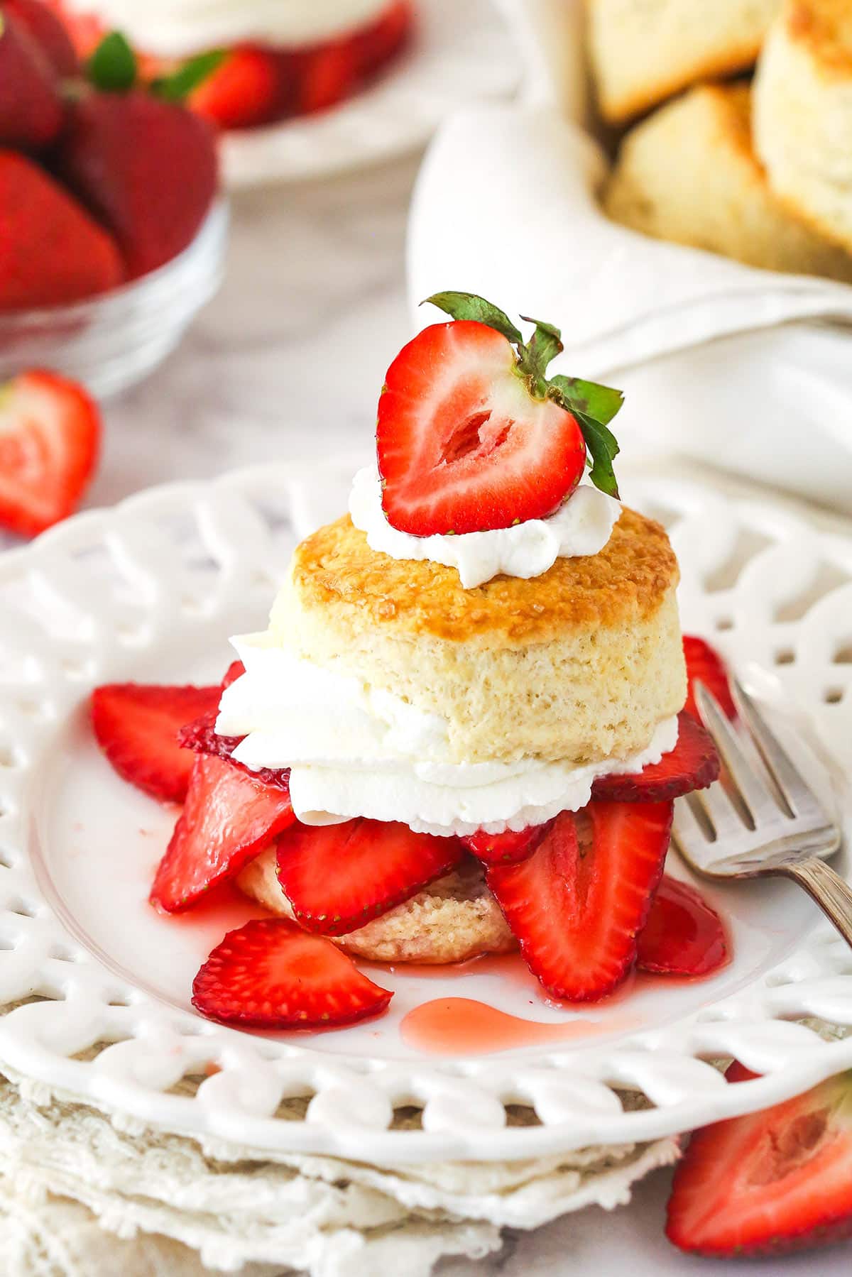 Strawberry shortcake served on a plate.