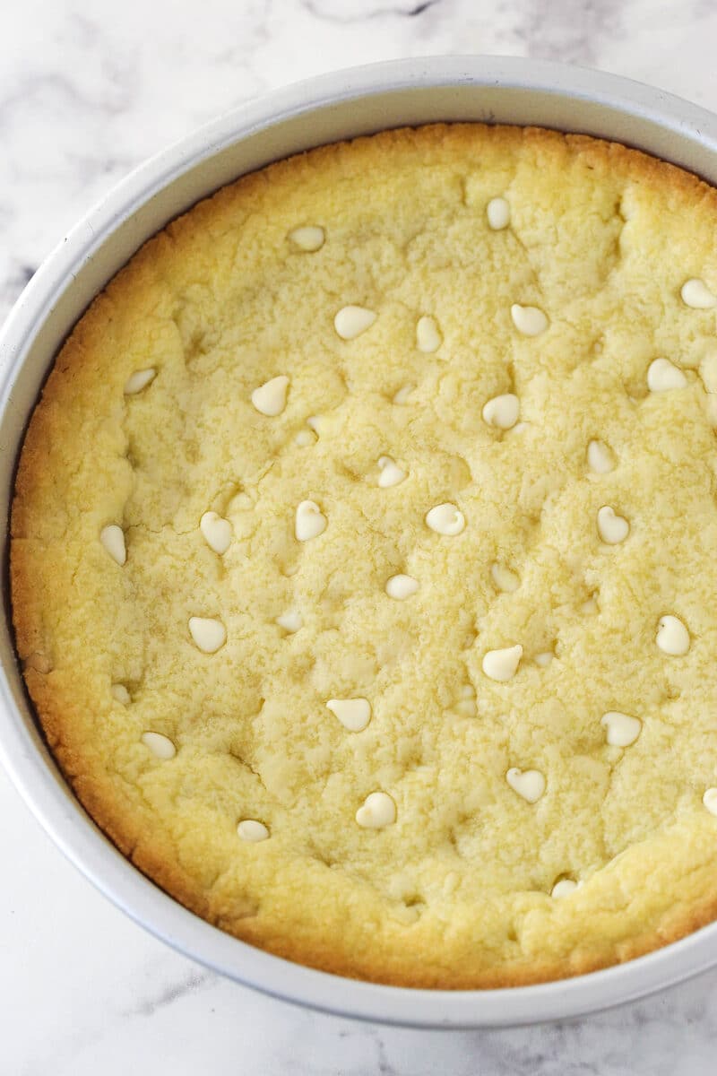 Lemon cookie cake cooling in the pan.