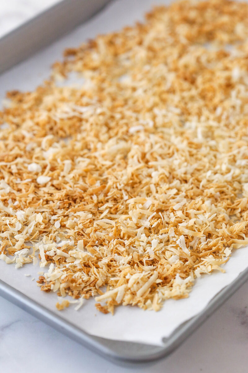 Toasted coconut slakes on a baking sheet lined with parchment paper.