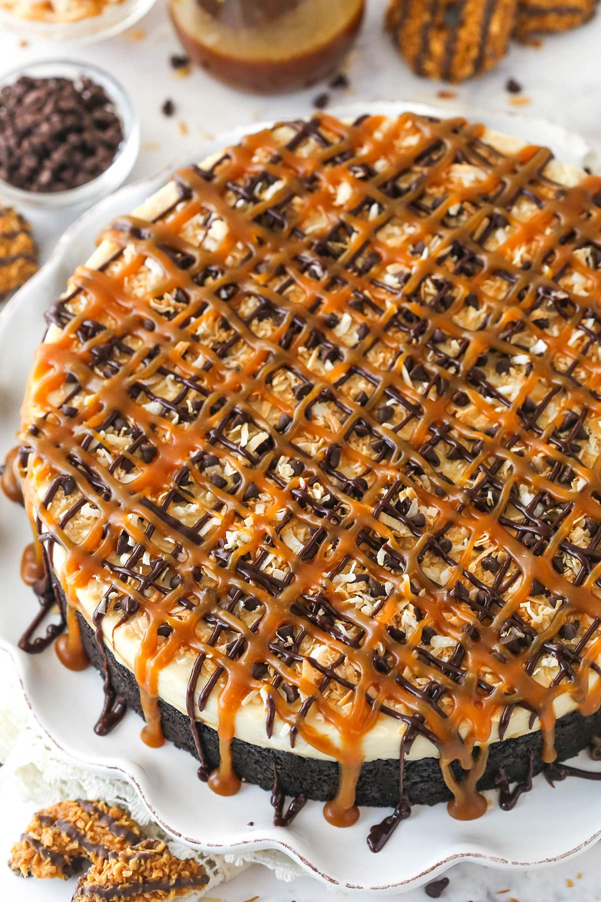 Overhead image of Samoa cheesecake on a serving platter.