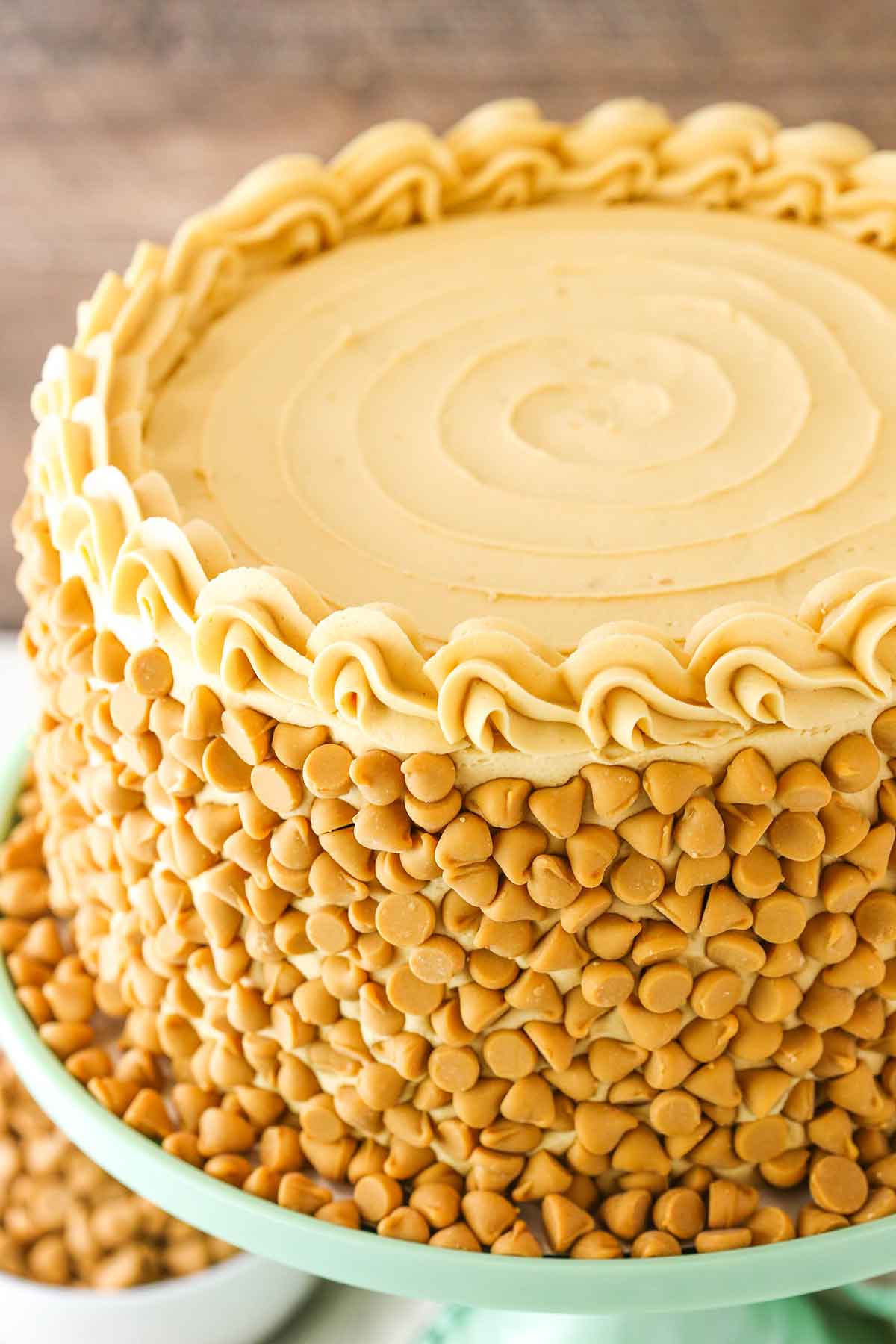 Side view of a full Ultimate Butterscotch Cake on a green cake stand
