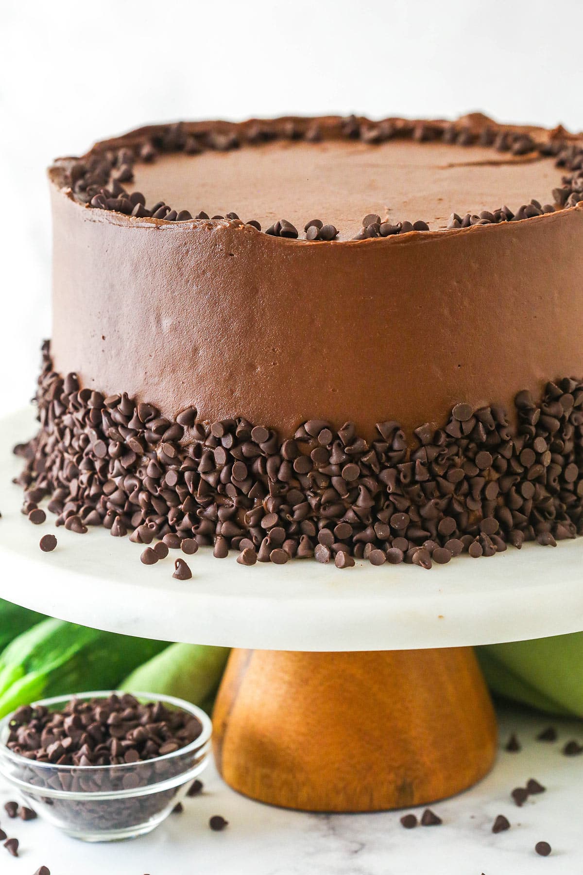 Zucchini chocolate cake on a cake stand.