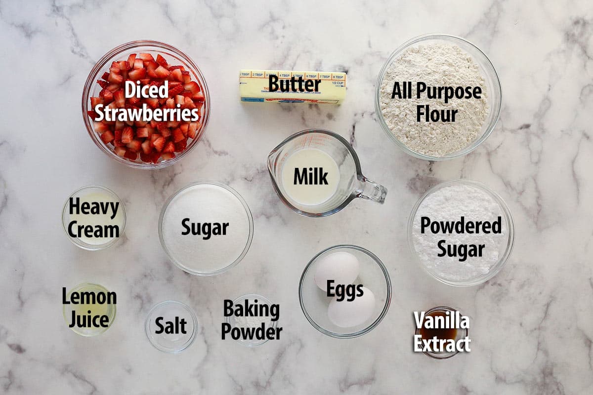 Labeled ingredients for strawberry bread.