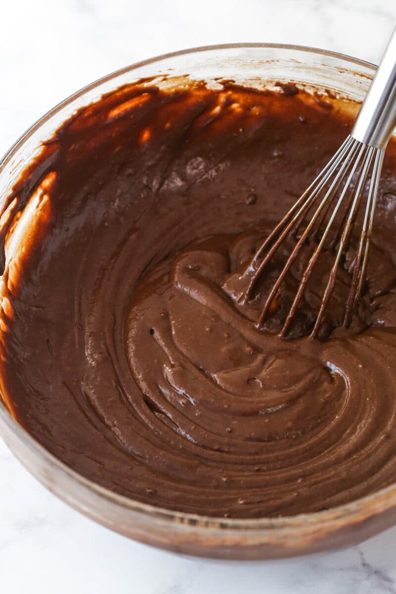 Combining the wet and dry ingredients for chocolate cake batter.