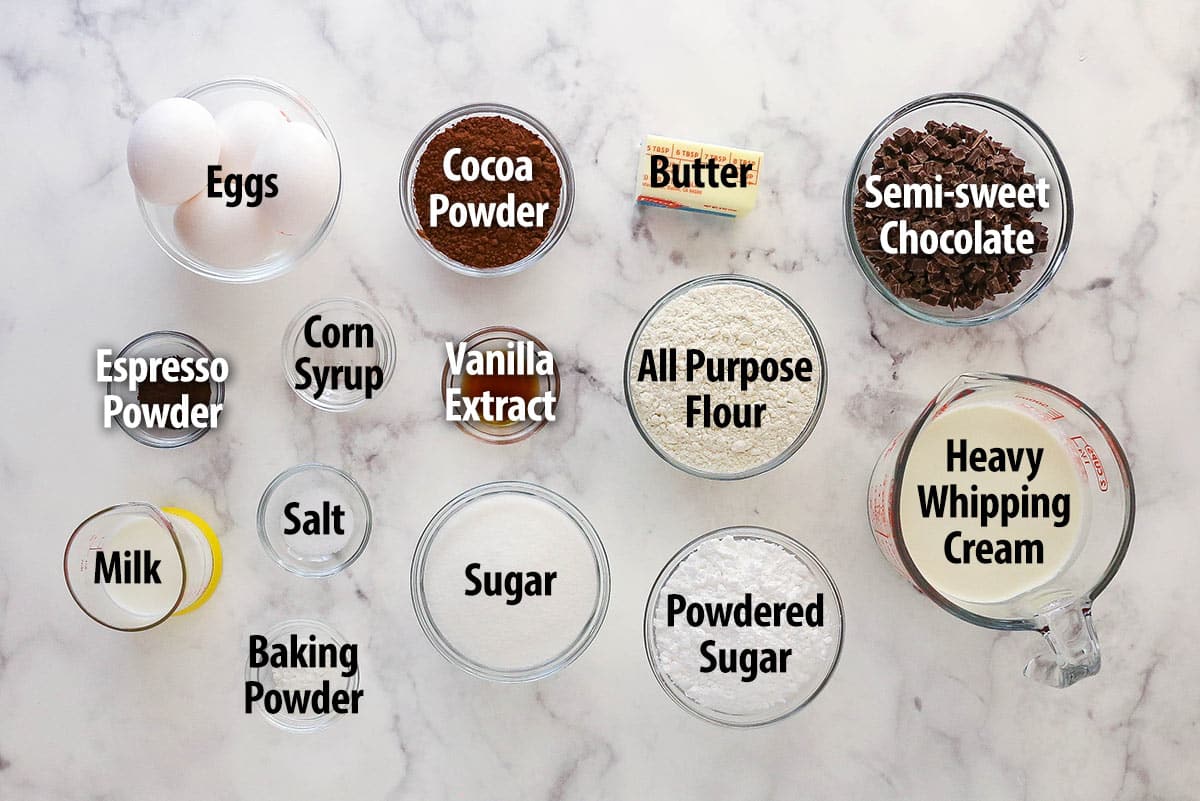 Overhead view of chocolate Swiss roll ingredients