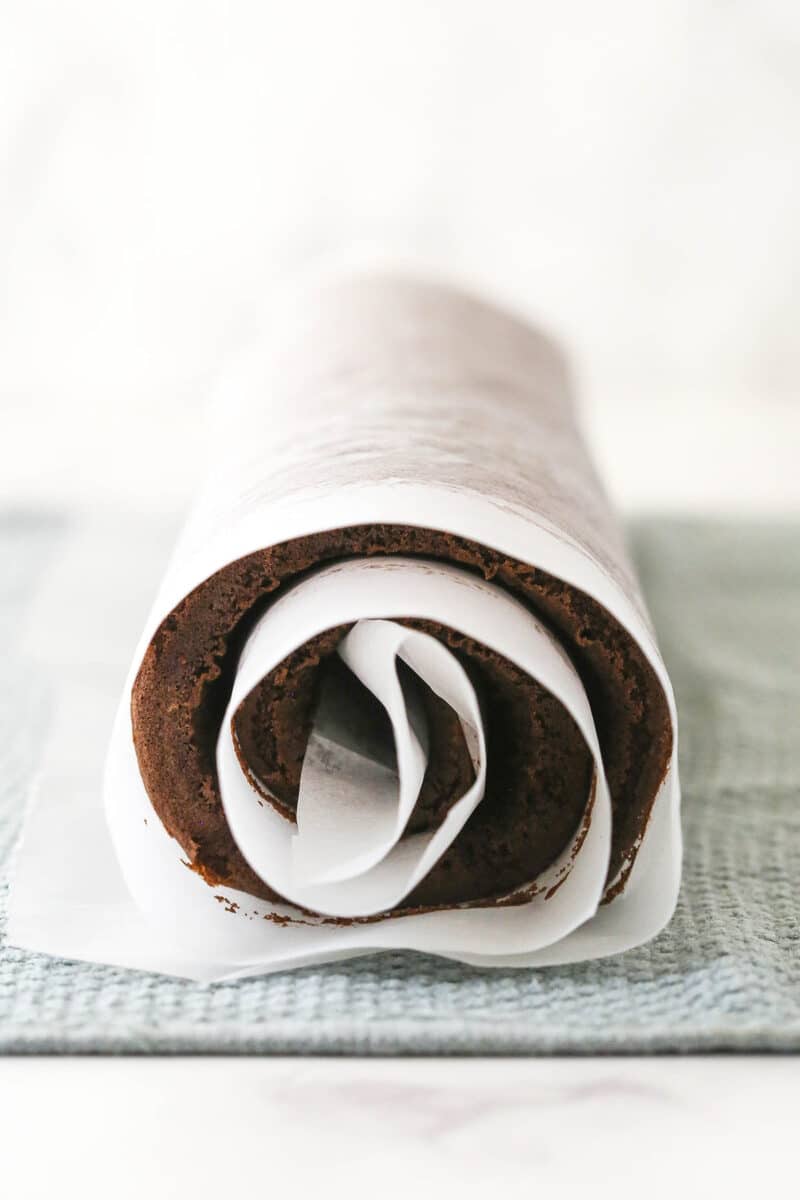 Chocolate roll cake rolled with parchment paper