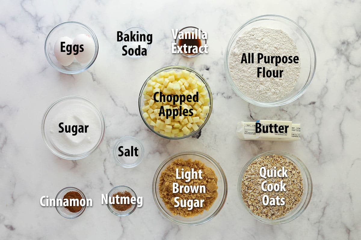 Labeled ingredients for apple cinnamon oatmeal cookies.