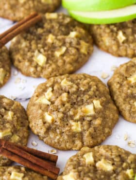 Close up some baked apple cinnamon oatmeal cookies.