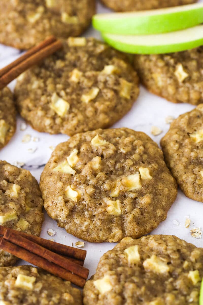 Close up some baked apple cinnamon oatmeal cookies.