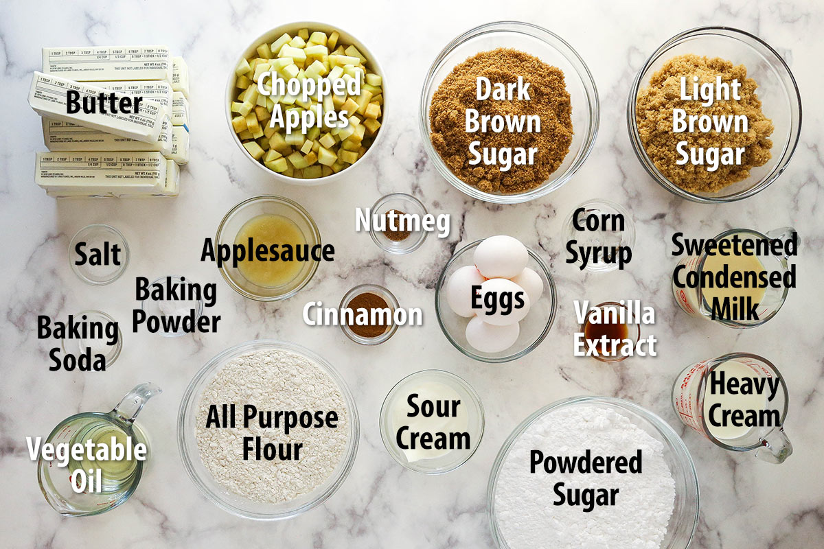 Caramel apple cake ingredients with text titles.