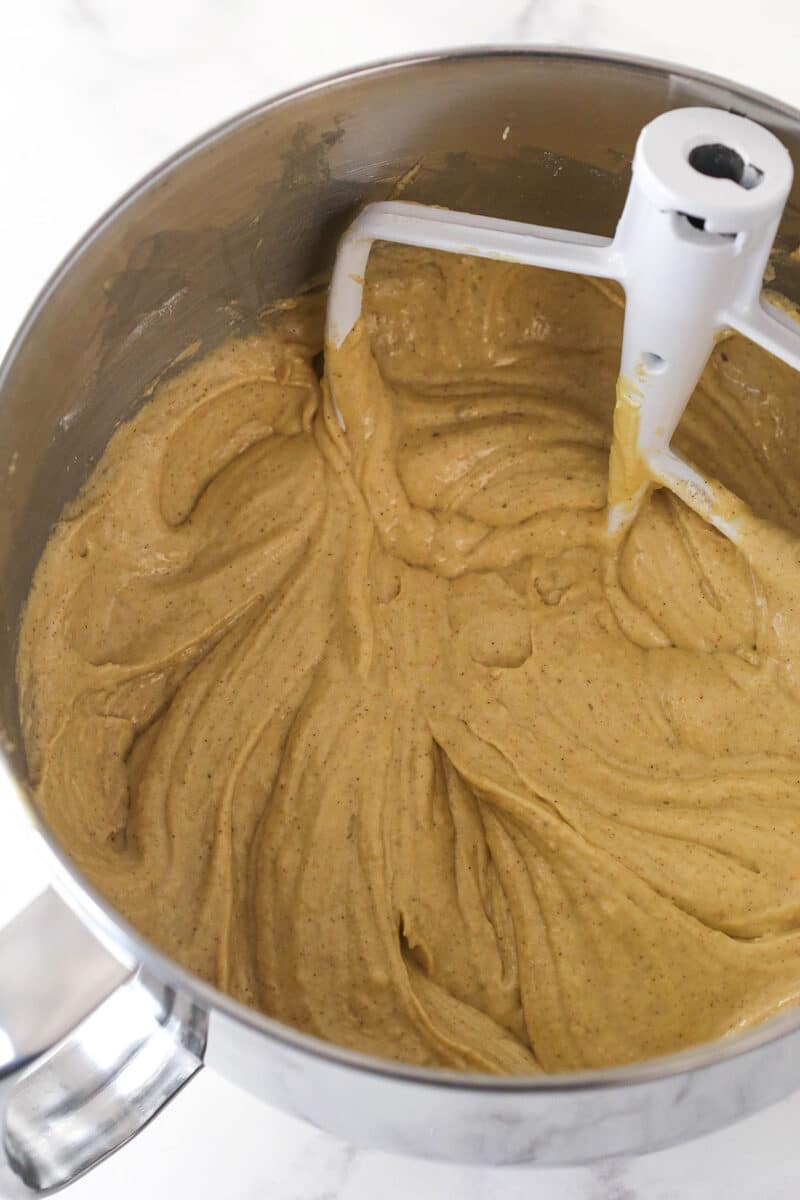 A mixing bowl of cake batter with spices added to it.