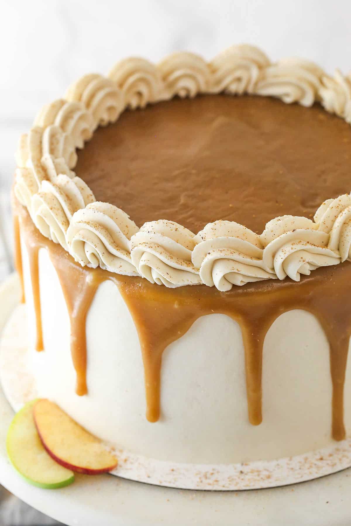 The top and side of a Caramel Apple Layer Cake.