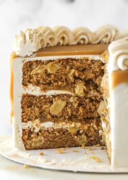 Side view of a Caramel Apple Layer Cake with slices removed to show interior layers.