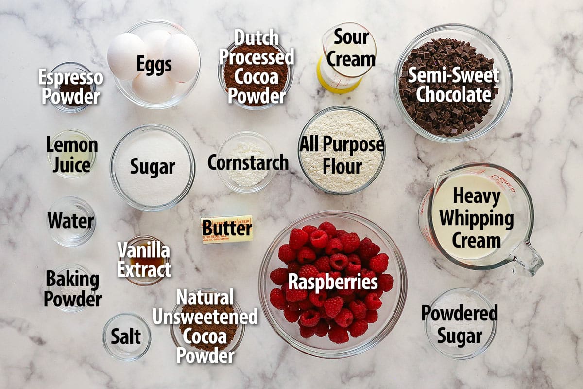 Ingredients needed for chocolate raspberry cake roll