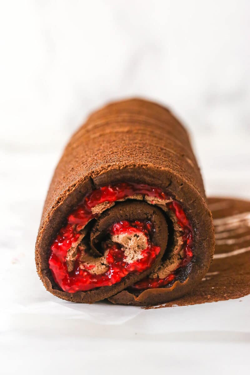 A raspberry chocolate swiss roll