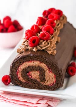 Raspberry chocolate swiss roll topped with raspberires