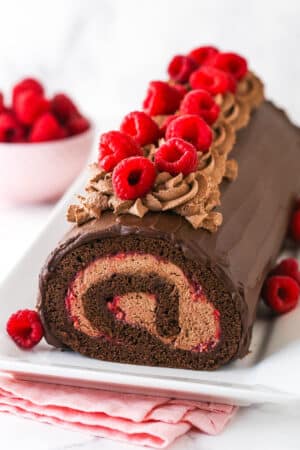 Raspberry chocolate swiss roll topped with raspberires