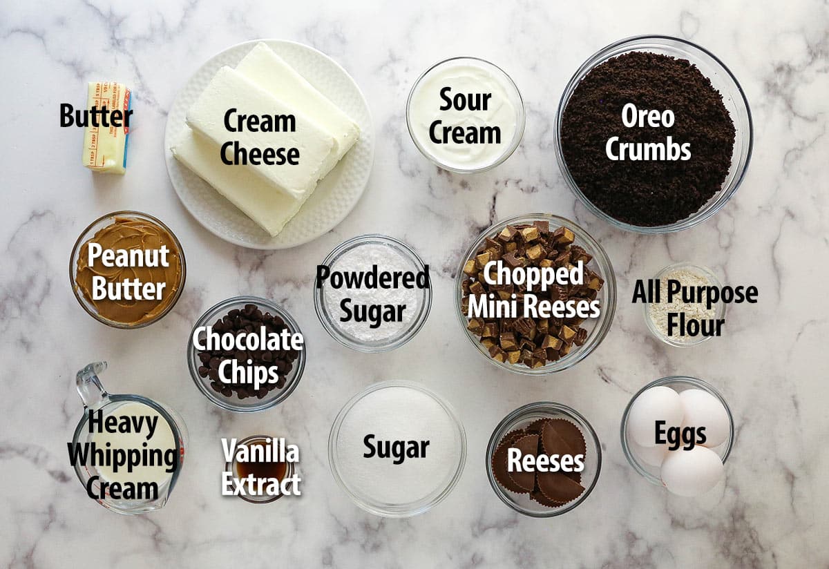 Overhead view of ingredients needed to make a Reese's cheesecake