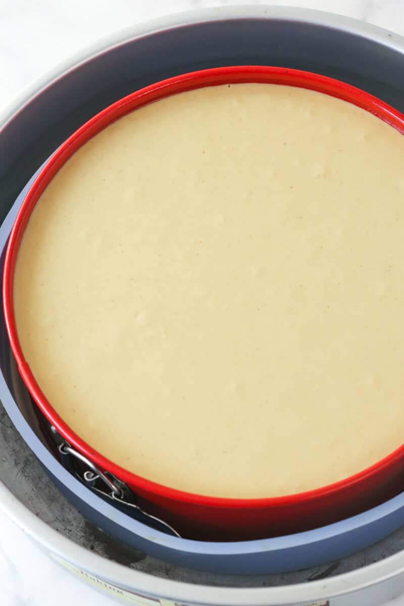 Unbaked cheesecake in a springform pan