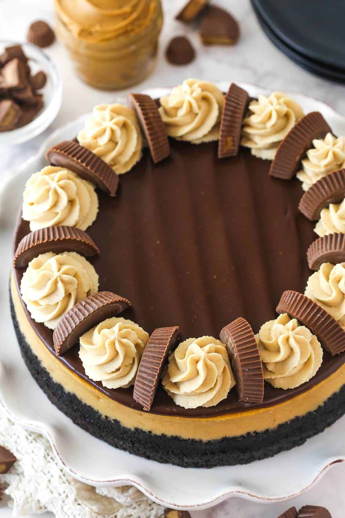 Overhead view of a Reese's cheesecake