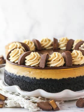 Side view of a Reese's chocolate peanut butter cheesecake