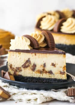 A slice of Reese's cheesecake on a plate