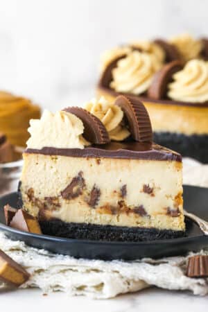 A slice of Reese's cheesecake on a plate