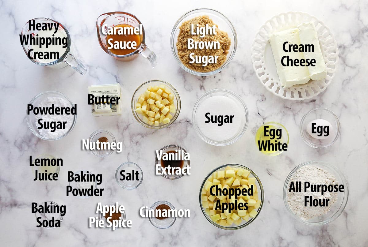 Ingredients needed for Caramel Apple Blondie Cheesecake with text labels.